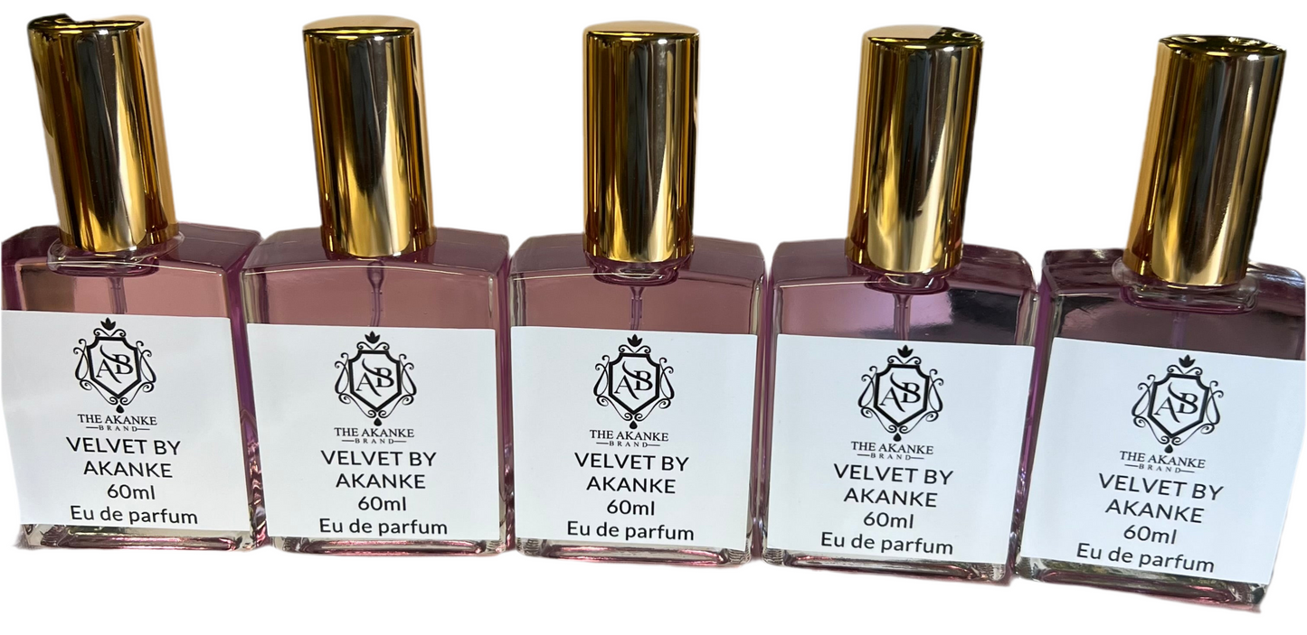 VELVET BY AKANKE (This fragrance contains vanilla, rose, amber, and musk, with a surprisingly delicate and smoky dry down, almonds oil and rose water .smooth,longevity and sweet VELVET BY AKANKE)