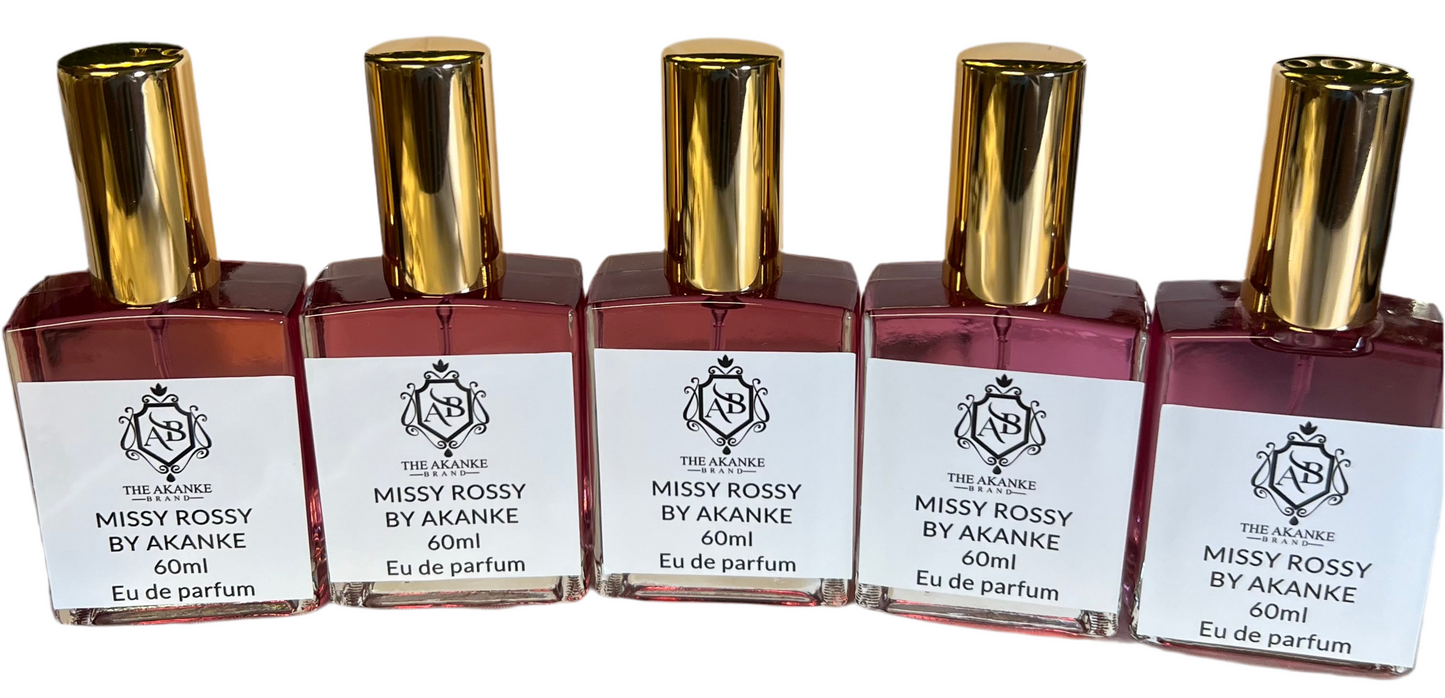 MISSY ROSSY This fragrance contains top note of Bergamot, blackcurrant leaves, apple, pineapple.middle notes of Pink berries, birch, patchouli, jasmine and Musk, oakmoss, ambergris, vanilla. MISSY ROSSY BY AKANKE
