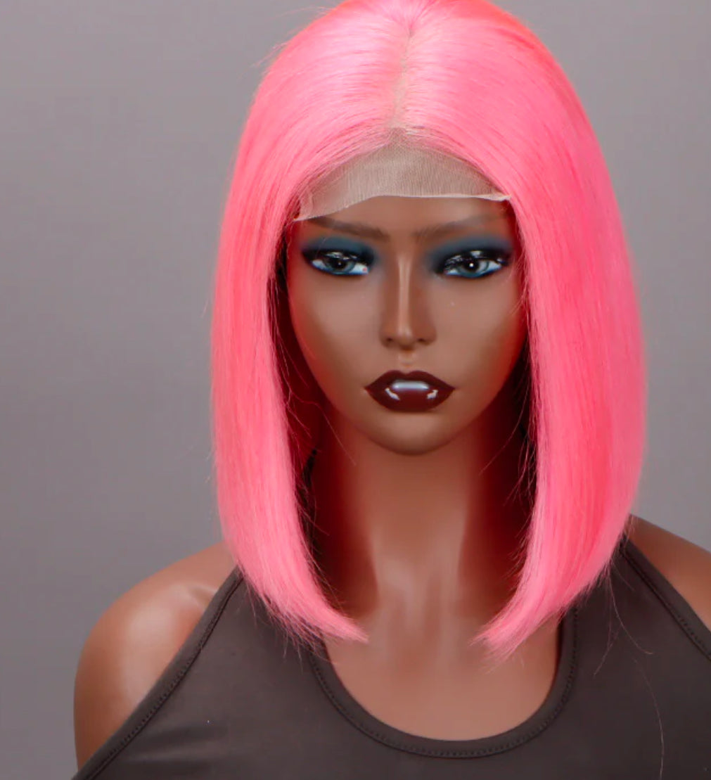 QVR Colored Short T Lace Bob Wigs Straight Human Hair Wig 180% Lace Front Burgundy Wigs Pink Blonde Wig 10inches