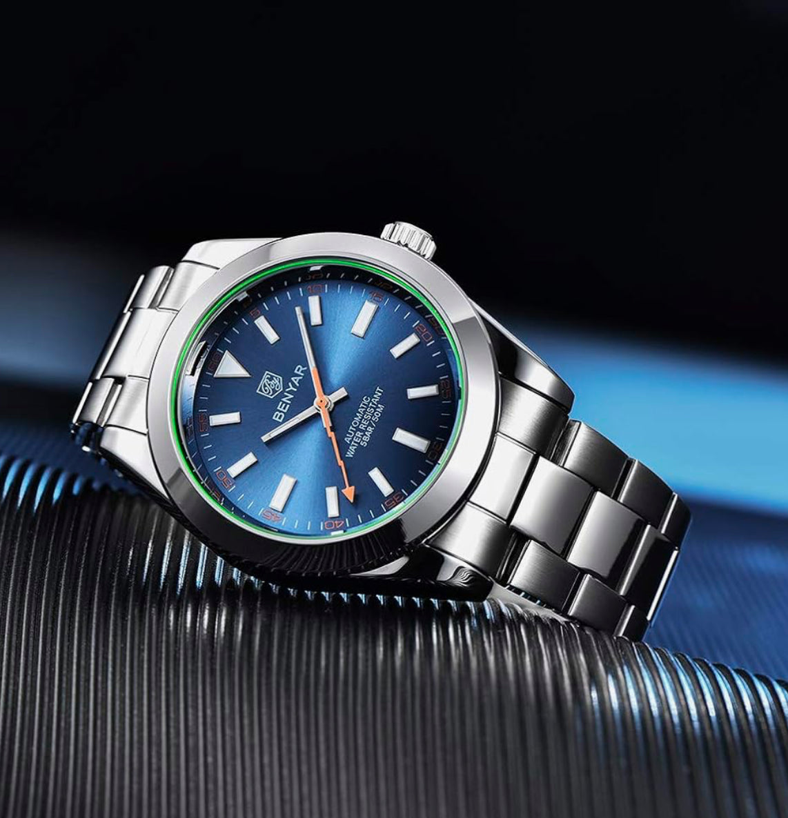 BENYAR Classic Men's Automatic Mechanical Watch Stainless Steel Strap Waterproof Luminous Simple Business Sports Wristwatch