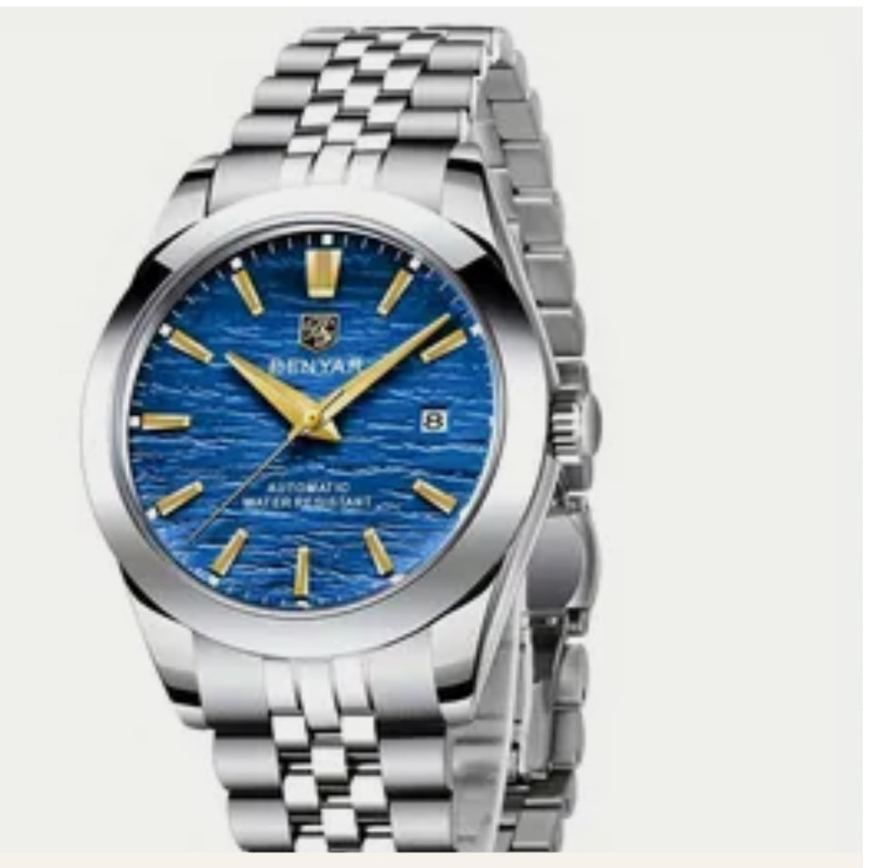 BENYAR Classic Men's Automatic Mechanical Watch Stainless Steel Strap Waterproof Luminous Simple Business Sports Wristwatch