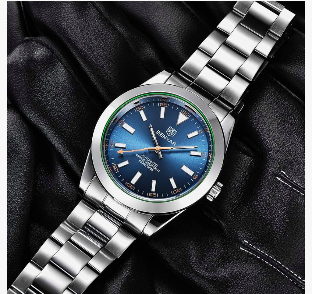 BENYAR Classic Men's Automatic Mechanical Watch Stainless Steel Strap Waterproof Luminous Simple Business Sports Wristwatch