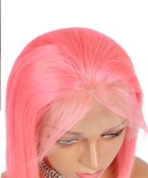 QVR Colored Short T Lace Bob Wigs Straight Human Hair Wig 180% Lace Front Burgundy Wigs Pink Blonde Wig 10inches