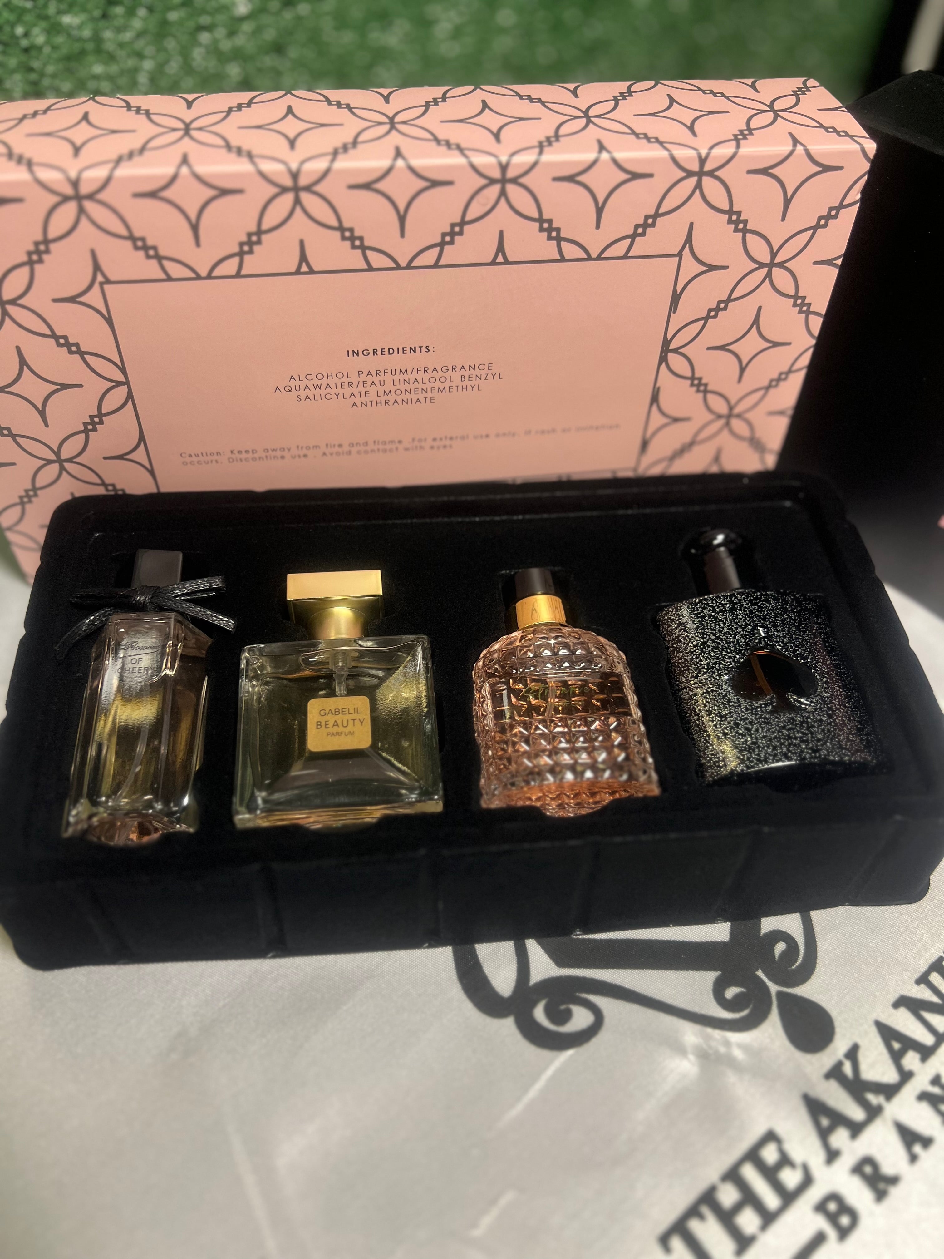 Customized gift set black opium,flowers of cherry,gabelil beauty,streamer perfume spray