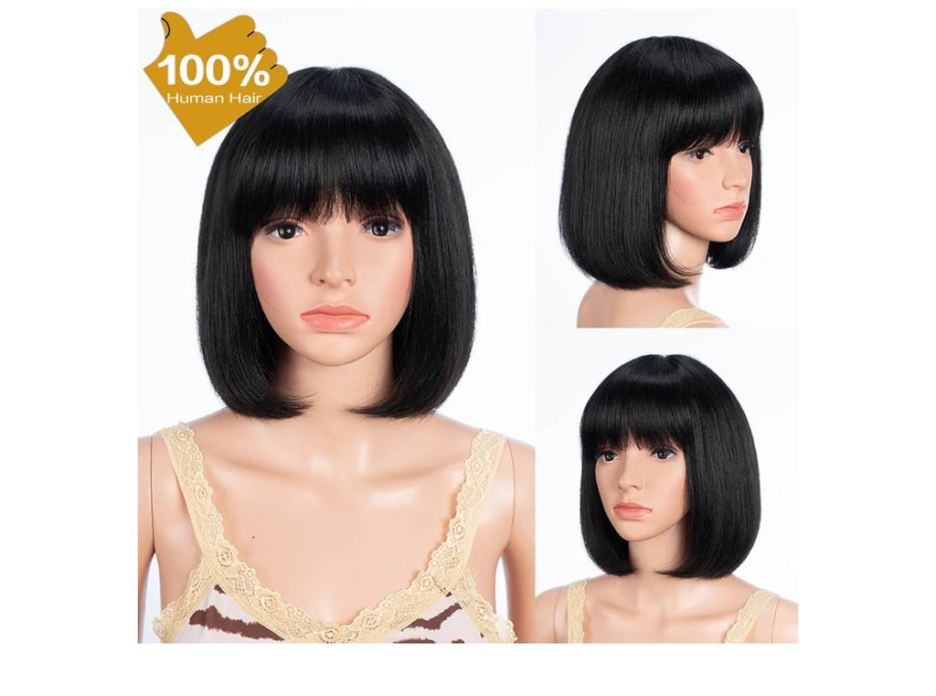 Bob Human Hair Wig with Bangs Straight Black Hair 10 Inch Short Bob Wig  (Color: 1B)