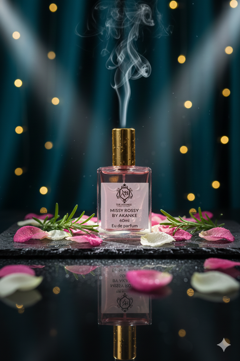 MISSY ROSSY  This fragrance contains top note of Bergamot, blackcurrant leaves, apple, pineapple.middle notes of Pink berries, birch, patchouli, jasmine and Musk, oakmoss, ambergris, vanilla. MISSY ROSSY BY AKANKE