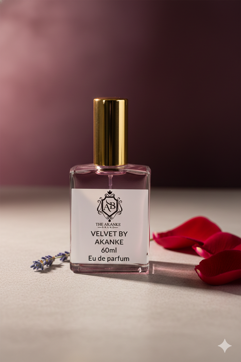 VELVET BY AKANKE  (This fragrance contains vanilla, rose, amber, and  musk, with a surprisingly delicate and smoky dry down, almonds oil and rose water .smooth,longevity and sweet VELVET BY AKANKE)