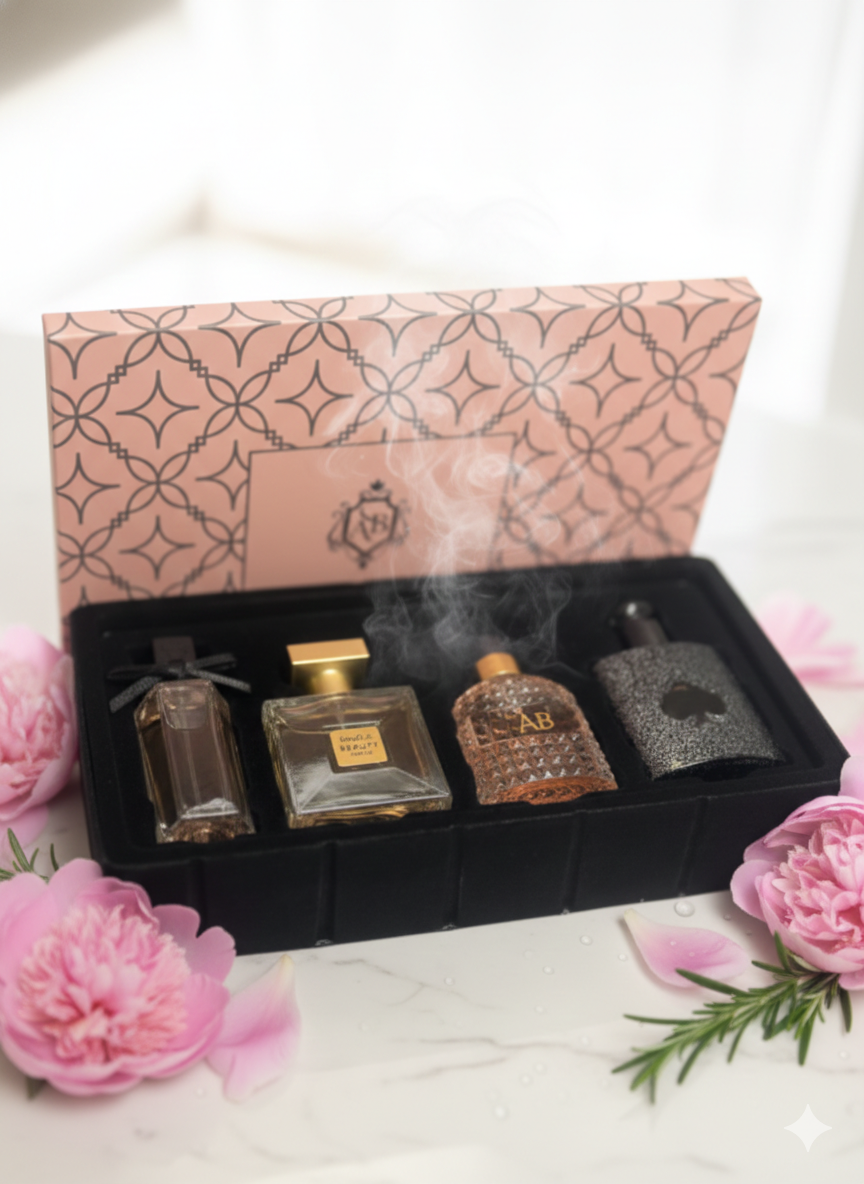 Customized gift set black opium,flowers of cherry,gabelil beauty,streamer perfume spray
