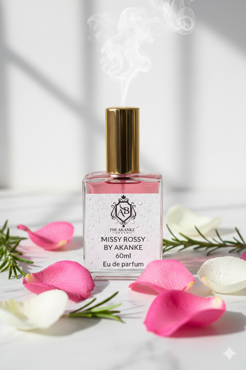 MISSY ROSSY  This fragrance contains top note of Bergamot, blackcurrant leaves, apple, pineapple.middle notes of Pink berries, birch, patchouli, jasmine and Musk, oakmoss, ambergris, vanilla. MISSY ROSSY BY AKANKE